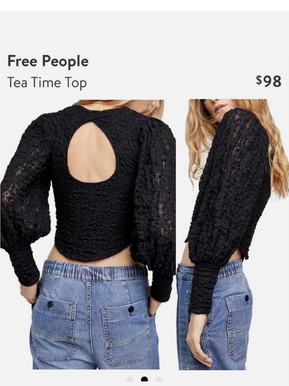 Free People Black Textured Puff-Sleeve Long Sleeve Crop Top